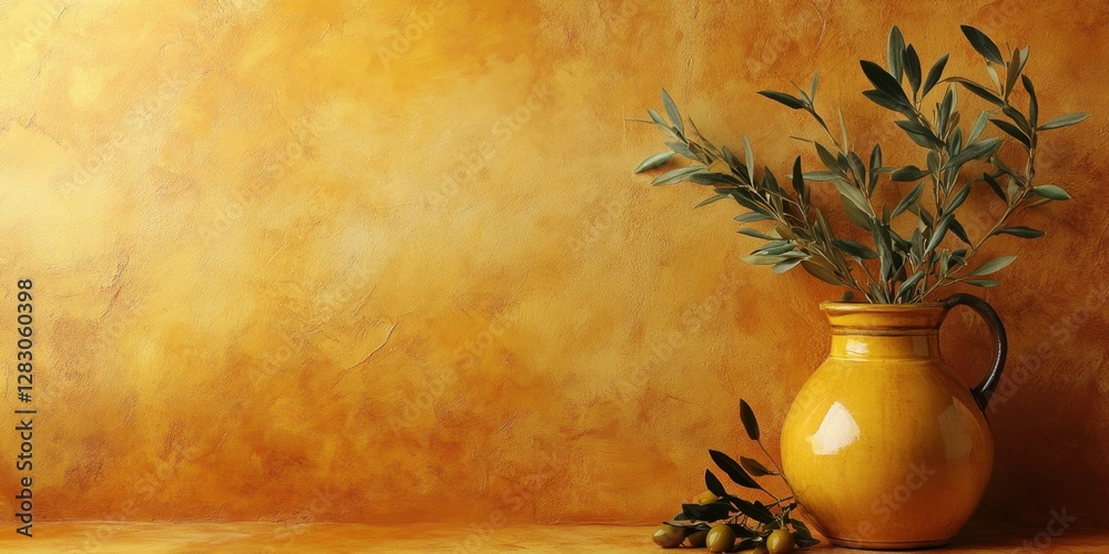 Poster elegant olive oil jar on the left with olive branch, warm ocher background filling the space on the 