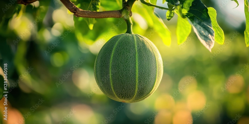 Poster green papaya hanging from its trunk in vibrant green hues against a blurred background highlighting 