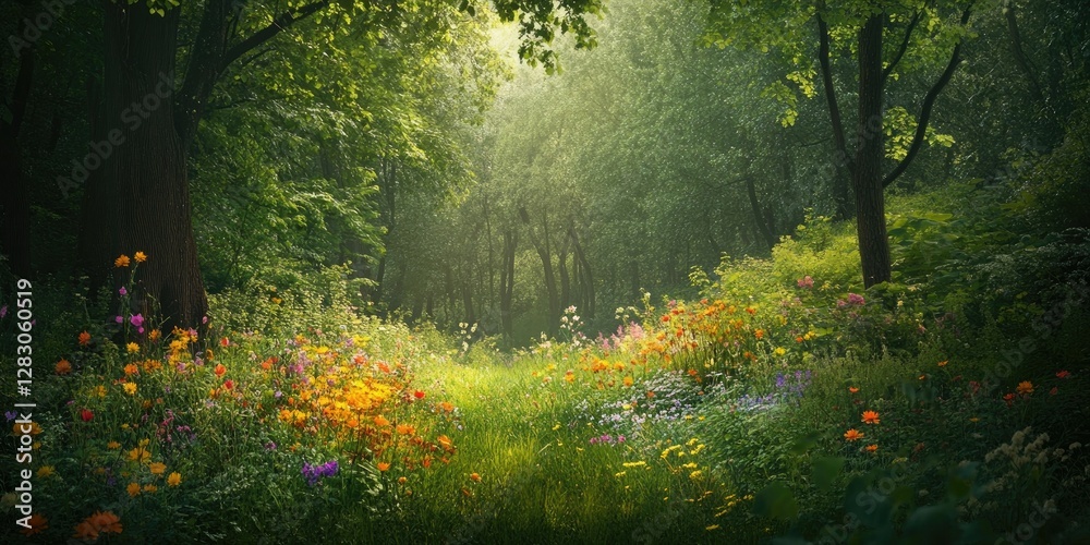 Poster vibrant forest scene with lush green trees and colorful wildflowers in a sunlit clearing creating a 