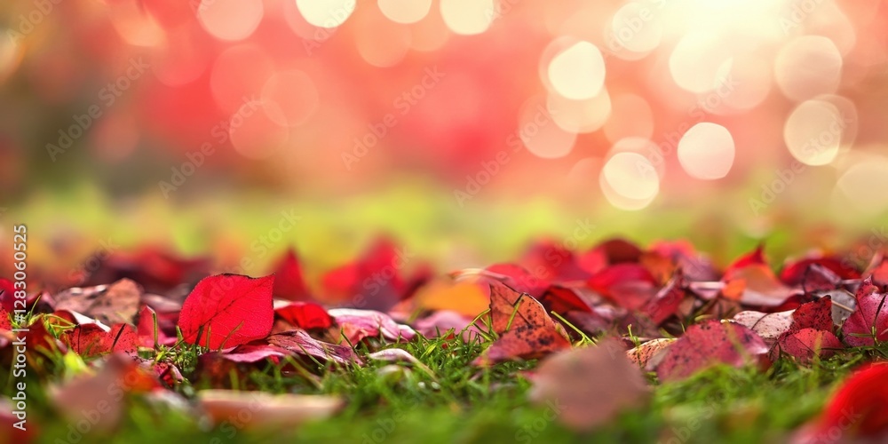 Poster vibrant red leaves on lush green grass create a striking autumn scene with a soft dreamy bokeh backg