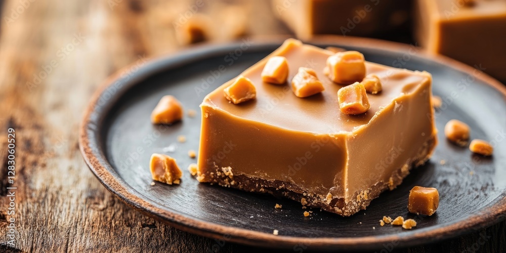 Poster butterscotch dessert on a rustic wooden table with scattered caramel pieces on a dark plate, ample c