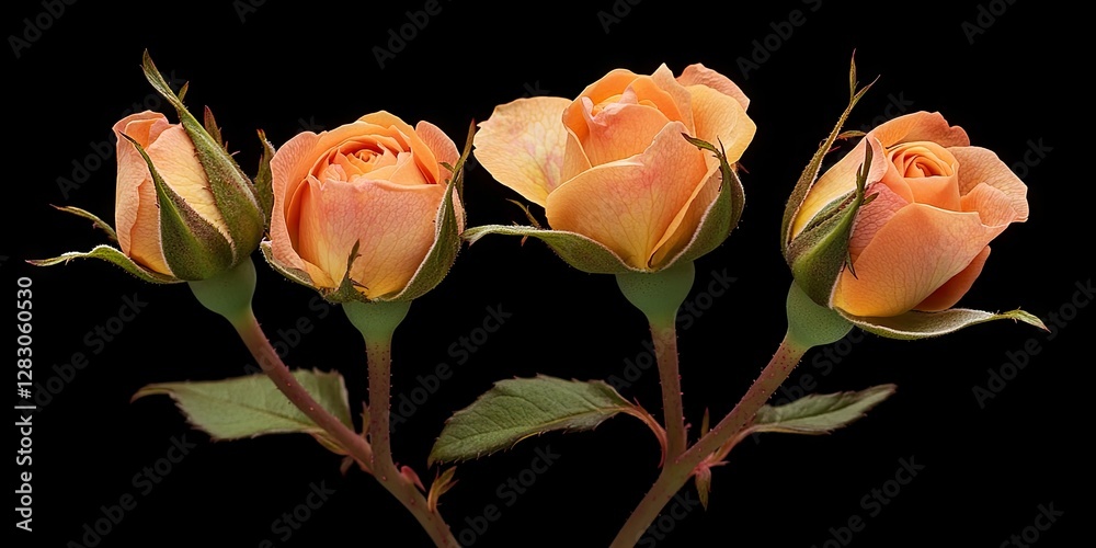 Aufkleber Peach roses in various stages of bloom arranged on black background with green leaves and stems creating an elegant floral composition.