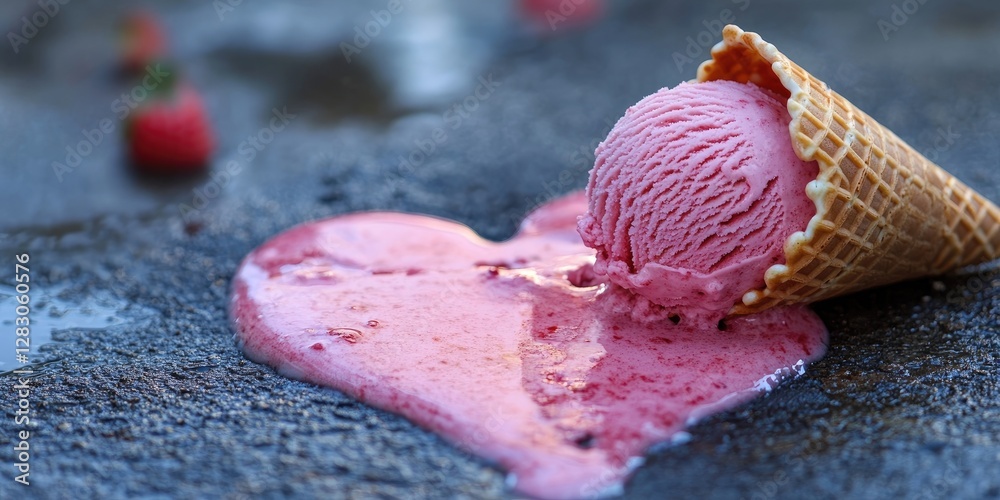 Aufkleber Melting pink strawberry ice cream cone on dark textured surface with scattered strawberries in background creating a heart shape with the melting ice cream