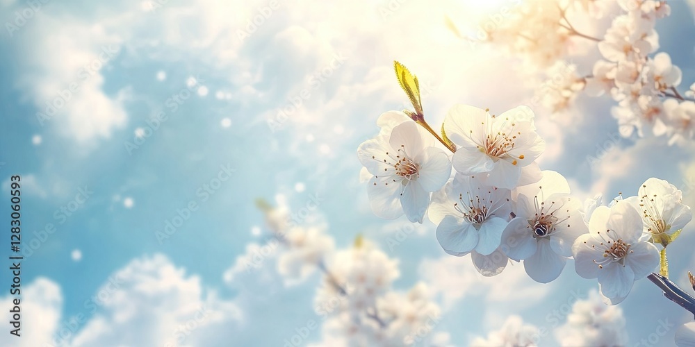 Poster blossoming plum branch with white flowers against a bright blue sky and fluffy white clouds sunlit b
