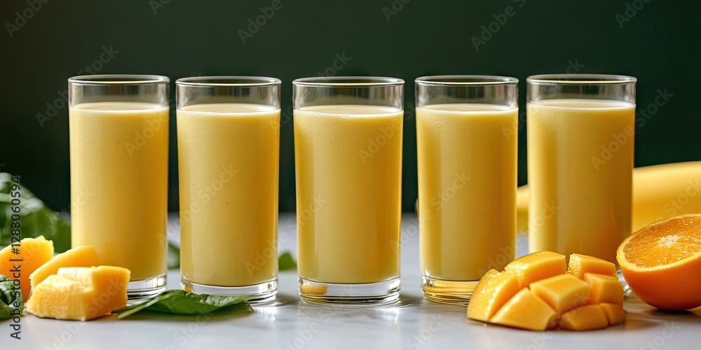 Aufkleber refreshing mango smoothie in tall glasses arranged in a line on a light gray surface with fresh mang