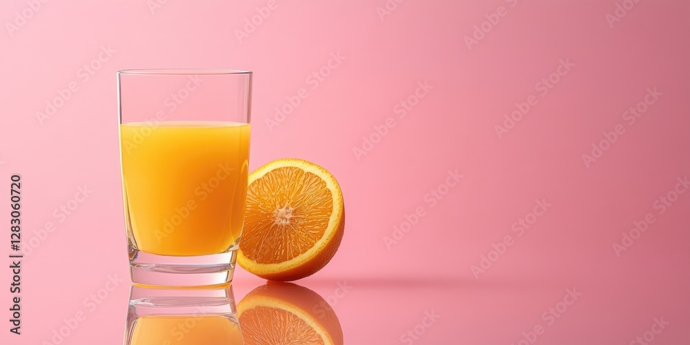 Poster fresh orange juice in a clear glass on a pink background with half an orange placed beside it, creat