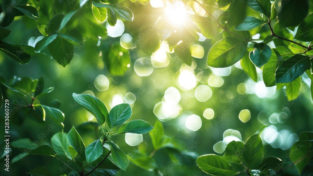 Poster lush green leaf background with light shining through, creating a bokeh effect that symbolizes a vib