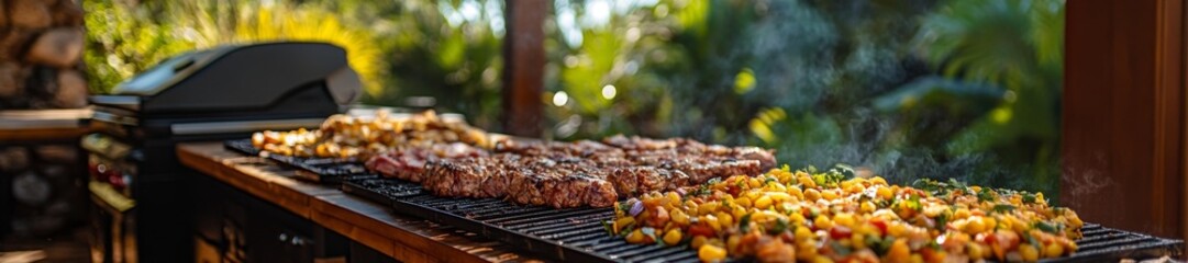 Sizzling Barbecue Grill with Meat and Colorful Vegetables Cooking. Generative AI