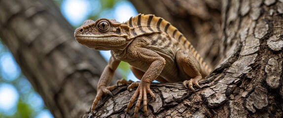 Naklejka premium Lizard perched on a tree trunk displaying intricate textures and colors in a natural habitat setting amidst blurred foliage.