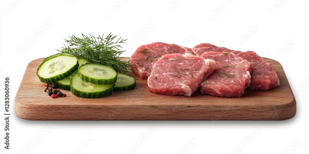 Poster Raw pork schnitzel slices arranged neatly on a wooden board accompanied by pickled cucumber slices and fresh dill against a clean white background