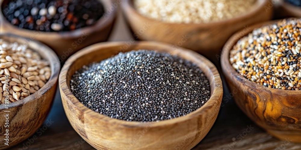 Poster Vibrant display of nutritious chia quinoa and flax seeds in rustic wooden bowls arranged in a circular pattern showcasing rich earthy tones