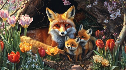 A fox family nestled in a blooming spring den, surrounded by colorful tulips and crocuses as the mother fox keeps a watchful eye and the kits playfully chase each