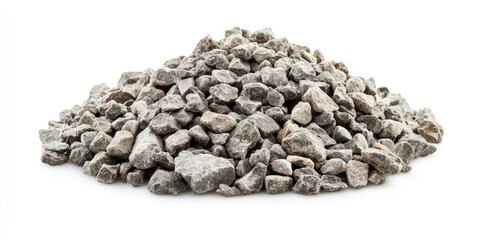 Gray gravel pile on a white background with varying stone sizes, showcasing rough texture and earthy tones, ideal for construction or landscaping projects.