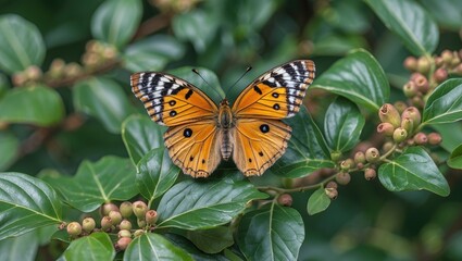 Obraz premium Close-up view of orange butterfly with black and white markings perched on green foliage with budding flowers, nature photography.