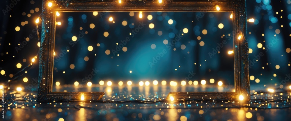 Poster vintage frame with sparkling lights and soft bokeh in a dark ambiance creating a magical and elegant