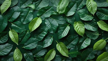 Variety of green leaves flat lay background with diverse textures and shades of green organized aesthetically