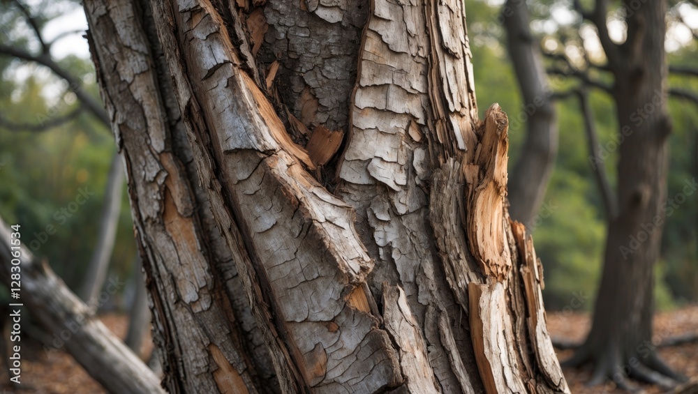Wall mural textured surface of an old tree trunk with peeling bark in a forest setting showcasing natural patte