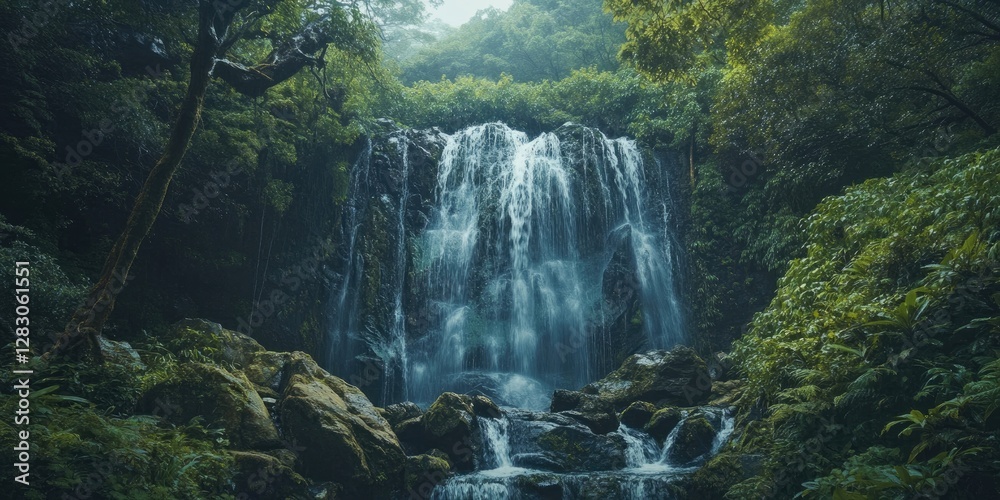 Poster lush green rainforest with a cascading waterfall at the center surrounded by large rocks and dense v