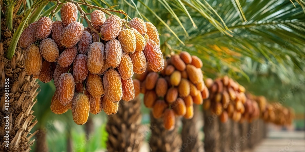 Poster ripening dates hang in clusters on palm trees with green fronds in softly blurred background, showca