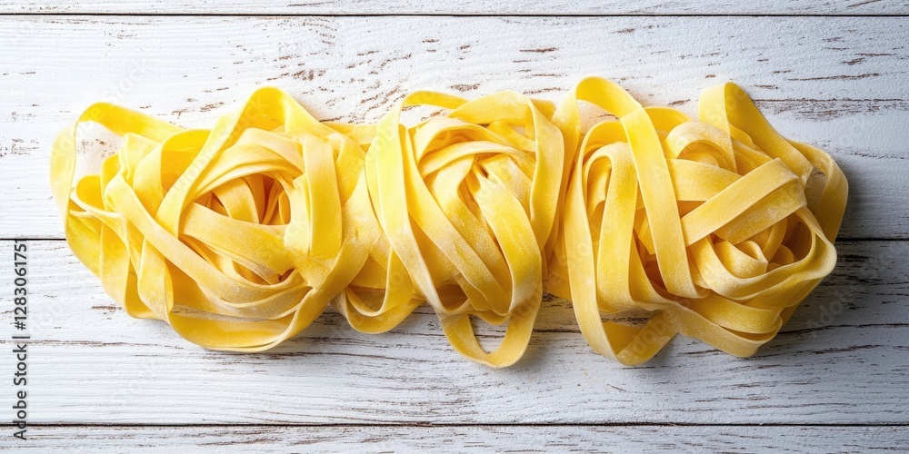 Poster fresh uncooked tagliatelle pasta in bright yellow color arranged in loose bundles on a textured whit