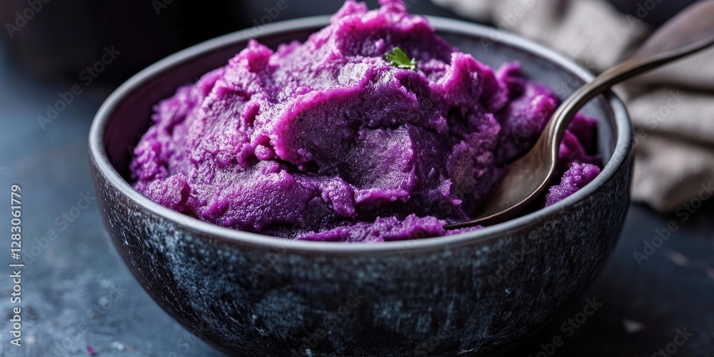 Poster vibrant purple mashed sweet potatoes garnished with herbs in a rustic dark bowl on a textured surfac