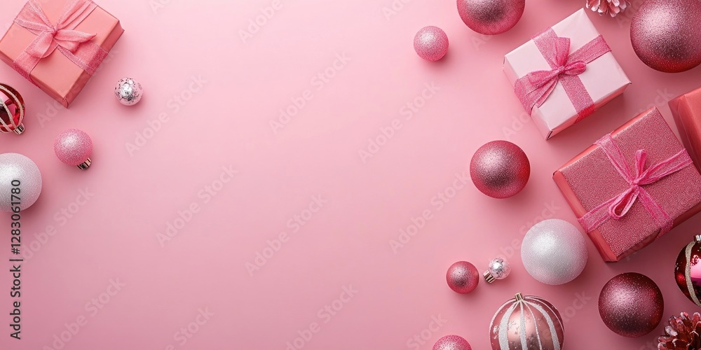Poster pink background with scattered pink and white gifts adorned with bows and shiny ornaments creating a