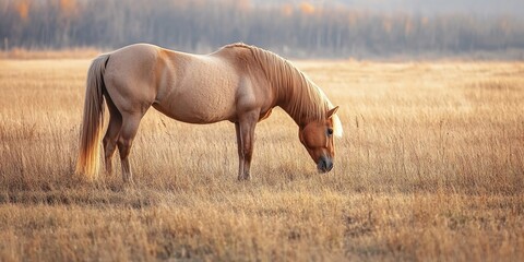 Naklejka premium Dun horse grazing in a golden pasture under soft sunlight highlighting its muscular build and serene environment with gentle grass tones.