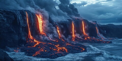 Lava flows cascading into the ocean under a moody sky with dark clouds and steam, showcasing bright orange and red hues against deep blues of water