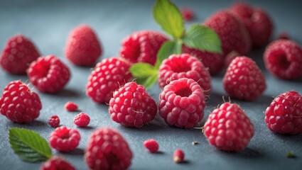 Fresh ripe raspberries scattered on a textured surface with green leaves in natural light.