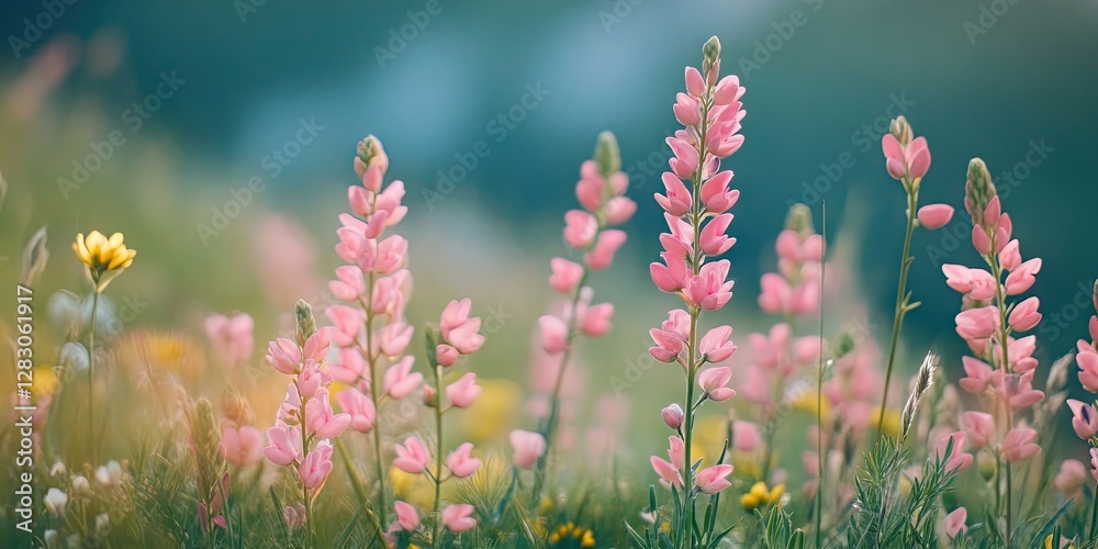Leinwandbilder delicate pink paintbrush flowers in a lush alpine meadow with soft green background on the right cre