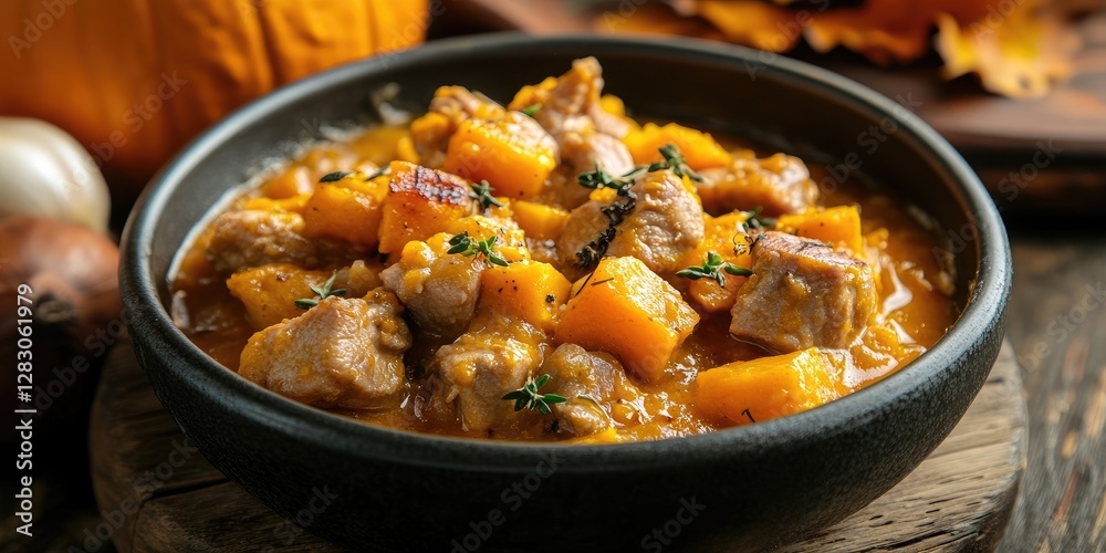 Poster hearty meat and squash stew in a rustic black bowl with thyme garnish on a wooden table surrounded b