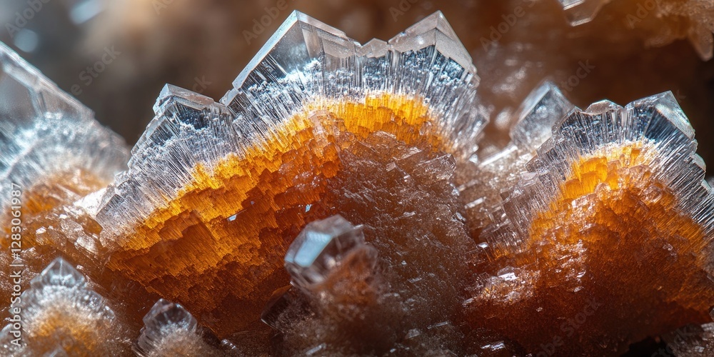 Poster detailed macro shot of barite crystal with sharp, transparent edges and orange highlights against a 