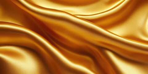Fototapeta premium Golden silk fabric draping gracefully with soft, smooth texture highlighting rich, warm gold tones and undulating waves in elegant folds.