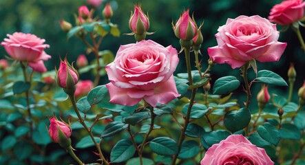 Pink roses in full bloom with unopened buds and green foliage in a garden setting during daylight.