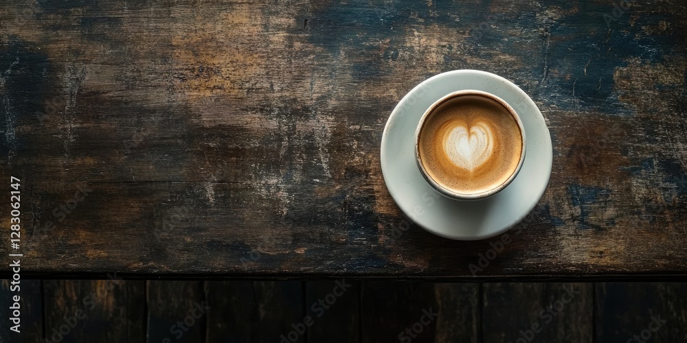Poster top view of a heart-patterned coffee cup on a rustic wooden table with dark brown and blue hues crea