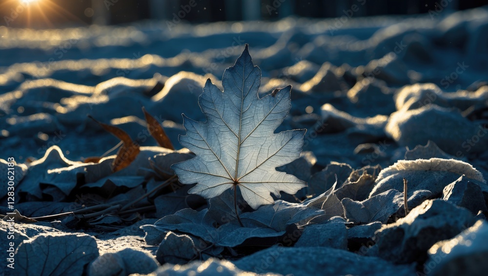 Wall mural close-up view of a dried maple leaf resting on textured ground surrounded by other leaves with a sof