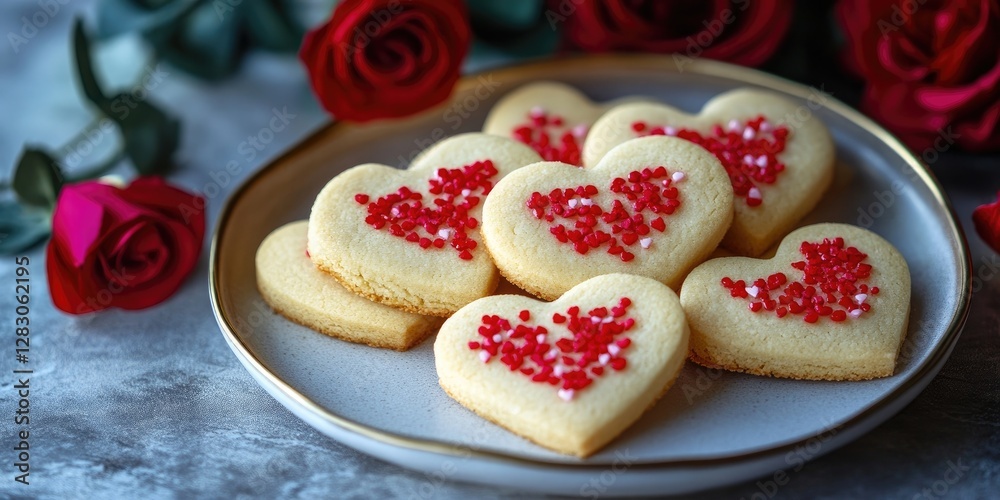 Poster heart-shaped cookies with red sprinkles arranged on a beige plate, surrounded by red roses on a text