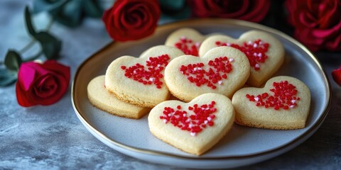 Heart-shaped cookies with red sprinkles arranged on a beige plate, surrounded by red roses on a textured gray background.