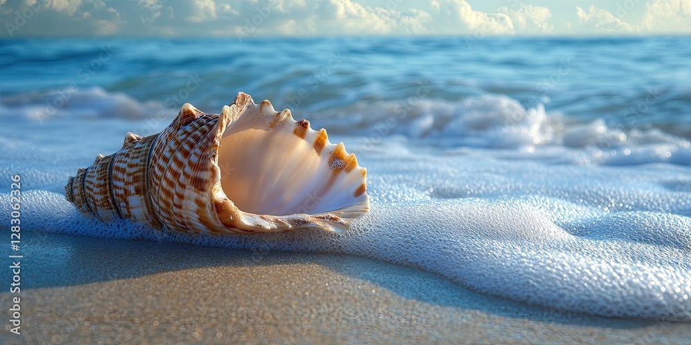 Poster Seashell on sandy beach with gentle waves, intricate details highlighted in soft sunlight, serene ocean backdrop with blue hues and white foam.