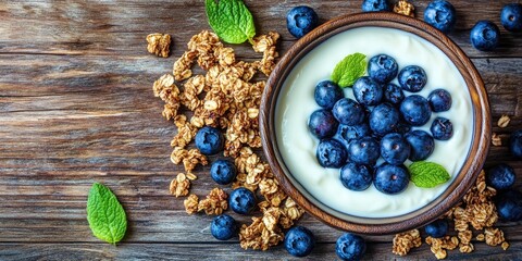 Healthy bowl of yogurt topped with fresh blueberries and granola on a rustic wooden table with mint leaves scattered for garnish