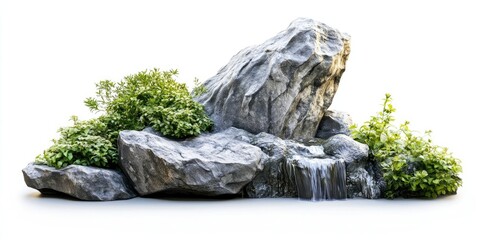 Obraz premium Serene rock formation with lush green plants and gentle waterfall, soft gray tones, central rock slightly elevated, plants surrounding base.