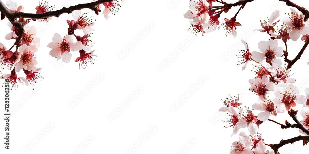 Poster Cherry blossom branches with delicate pink and white flowers frame a clean white background providing ample space for text placement.