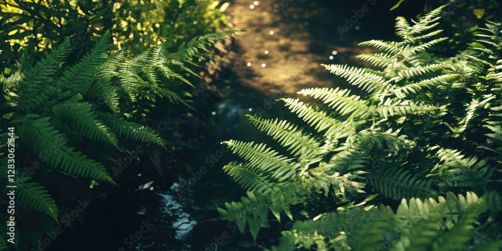 Poster Lush green fern fronds framing a shimmering stream with soft sunlight filtering through forest foliage in tranquil nature setting