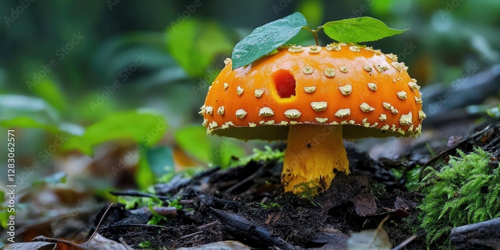 Poster vibrant orange jack o' lantern mushroom stands tall on the forest floor with a lush green leaf sprou