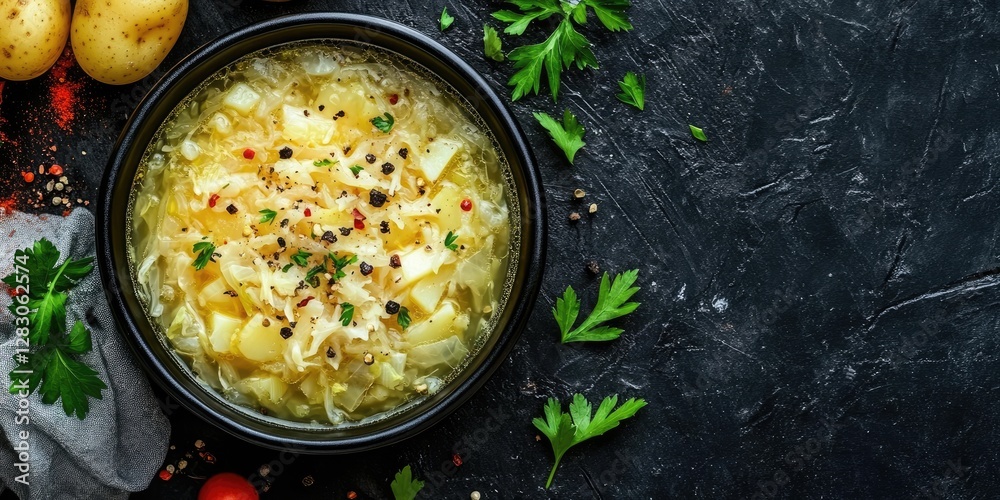 Poster homemade cabbage and potato soup in a black bowl from above on dark textured surface with fresh pars