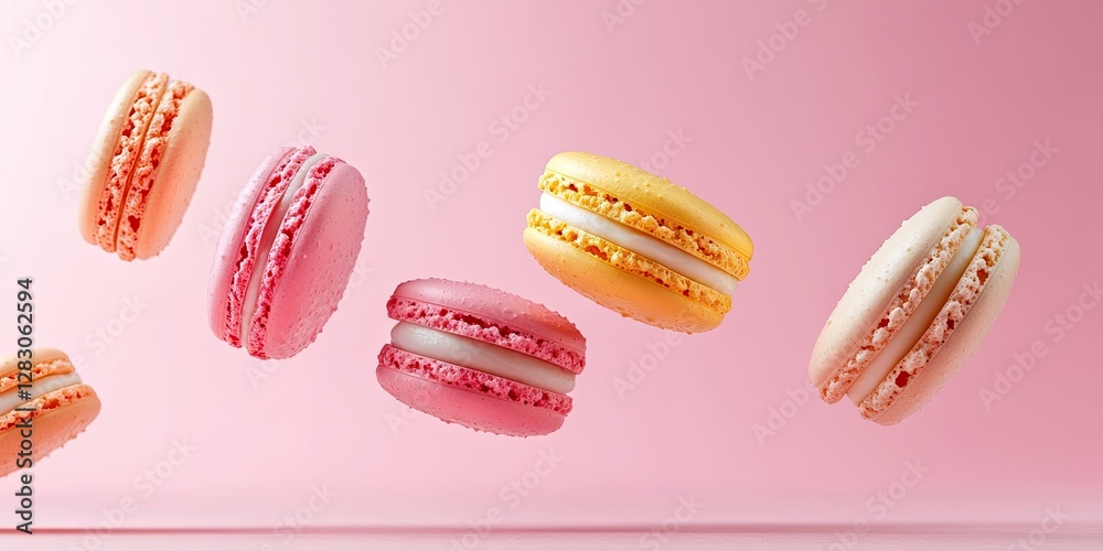 Poster vibrant macarons in pink, yellow, and cream colors floating against a soft pink backdrop creating a 