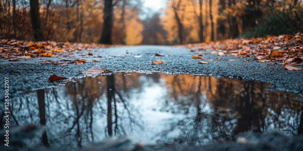 Aufkleber puddle on a road reflecting autumn trees and orange leaves under soft natural light, low angle view 