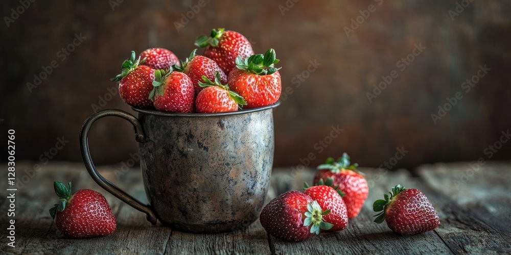 Aufkleber vintage metal mug overflowing with fresh ripe strawberries on a rustic wooden table with scattered b