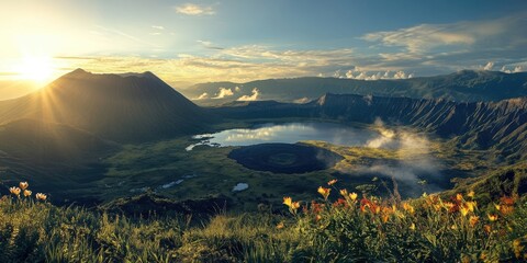 Scenic sunrise over a volcanic crater lake surrounded by mountains and lush greenery with vibrant orange flowers in the foreground capturing tranquility.