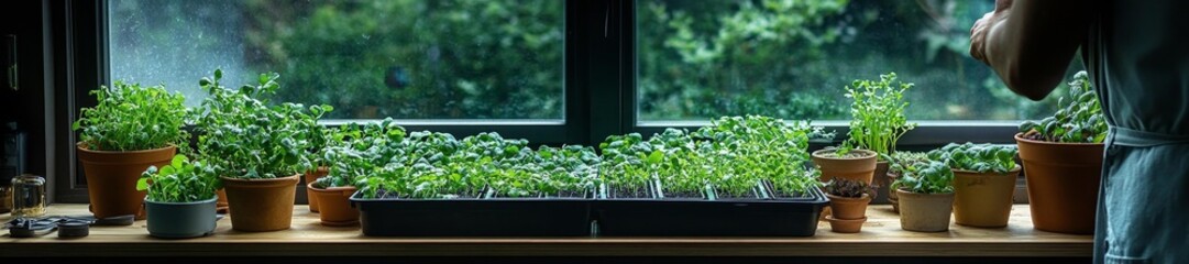 Lush assortment of growing microgreens on a windowsill surrounded by various pots. Generative AI